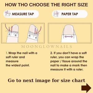 Pode incluir: Um gr&aacute;fico instrutivo intitulado HOW THO CHOOSE THE RIGHT SIZE da MOONGLOWNAILS. Ilustra dois m&eacute;todos para medir unhas usando uma fita m&eacute;trica ou papel, com passos numerados e uma indica&ccedil;&atilde;o para ver a pr&oacute;xima imagem para a tabela de tamanhos.