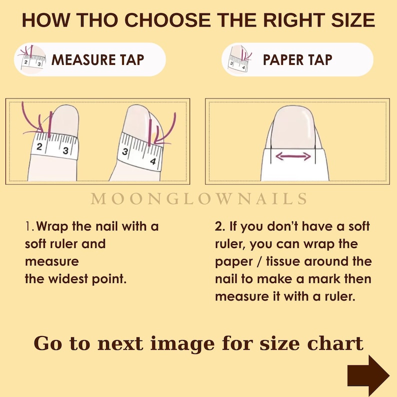 Pode incluir: Um gr&aacute;fico instrutivo intitulado HOW THO CHOOSE THE RIGHT SIZE da MOONGLOWNAILS. Ilustra dois m&eacute;todos para medir unhas usando uma fita m&eacute;trica ou papel, com passos numerados e uma indica&ccedil;&atilde;o para ver a pr&oacute;xima imagem para a tabela de tamanhos.