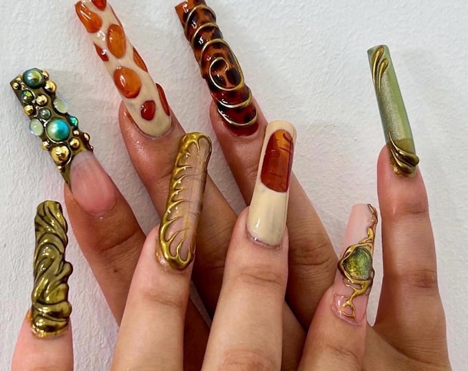 Featured listing image: Luxury Baroque Nails | Long Square Press On Nails | Gold 3D Embossed with Amber & Gemstone Details | Elegant Statement False Nails