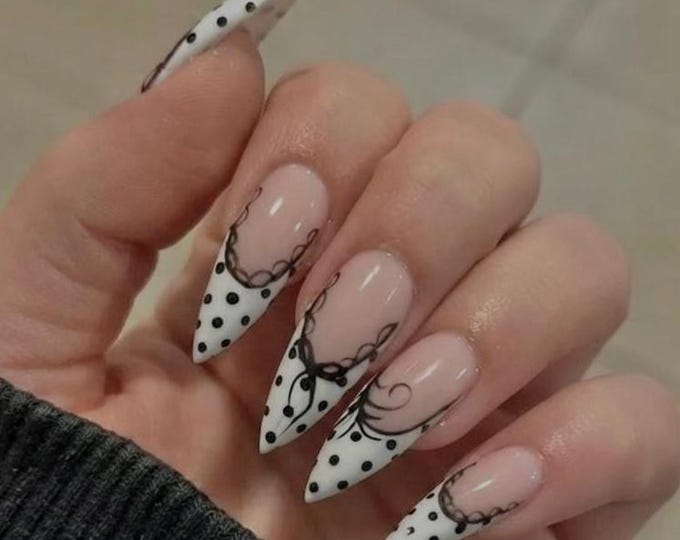 White Polka Dot Lace Press On Nails Long Stiletto, Handmade Gothic Vine French Fake Set, Dark Coquette for Birthday Party