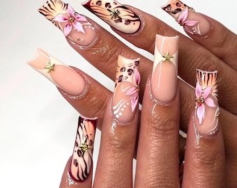 Long Square Floral Animal Print Press On Nails | Leopard & Zebra Design with 3D Pink Flowers | Gold Star Details | Luxury Handmade Nail Set