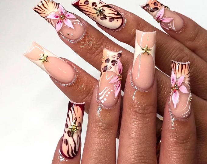 Luxury Animal Print Press On Nails | 3D Floral, Gold Star Nail Art