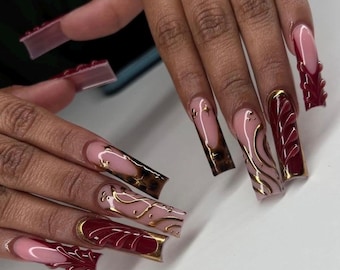 Luxury Burgundy & Gold Press On Nails | Tortoise French Nails | 3D Gel Swirl Nails | Holiday Glam Nail Set | Long Square Fake Nails