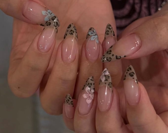 Leopard French Tip Press On Nails, Long Almond Y2K Handmade Nails, Pastel Flower Birthday Acrylic Nails, Animal Print Coquette Fake Nails