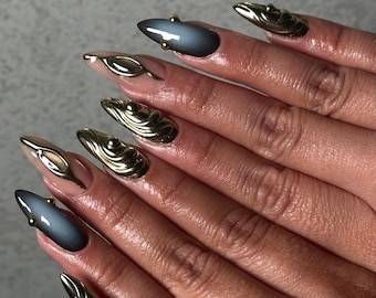 Black & Gold Chrome Nails with White Ombre | Medium Almond Fall Press On Nails | 3D Gel Luxury Handmade False Nails, Fake False Acrylic Nail