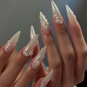 White Pearl Long Stiletto Press On Nails, Wedding Nails, 3D gel Design Nail, Handmade Fake False Nails