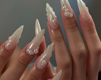 Press on Nails | White Pearl Nails, White French Nails,  Long Stiletto Nails, 3D Nails, Custom Design Nails