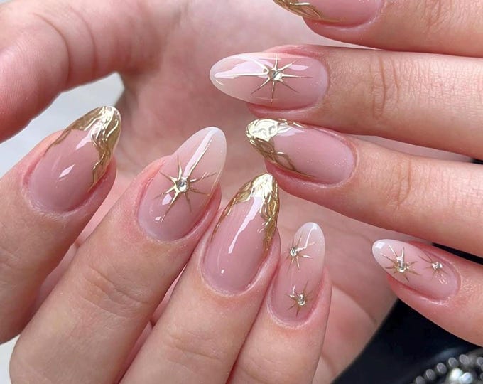 Gold Star French Press On Nails Medium Almond, Handmade 3D Liquid Gold Tip Fake Set, Celestial Elegant Luxury for Wedding Birthday