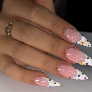 White French Press On Nails with Colorful Rhinestones, Medium Almond Elegant Handmade Nail Set, Chic Classy Reusable Nails Special Occasions