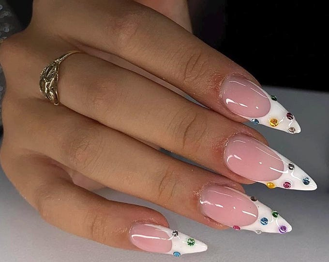 Rhinestone White French Press On Nails: Elegant Almond Handmade Nail Set