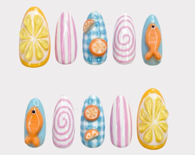3D Lemon Fish Gingham Press on Nails, Summer Gel Nail Art, Kawaii False Nails