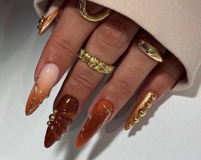 Handmade Caramel Brown Stiletto Press On Nails | Gold Chrome Accent