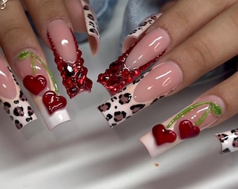 Cherry Heart Nails – 3D Red Heart Press On Nails, Leopard Print Nails, Valentine’s Day Nails, Long Square Nails, Y2K Cute Nails Set