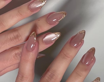 Pink Nude Cat Eye Nails with Gold Chrome French Tips | Medium Almond Press On Nails | Elegant Wedding, Prom Nails | Shimmery Summer Nail Art