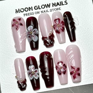 Burgundy 3D Flower Press On Nails: Handmade Floral Coffin Nails
