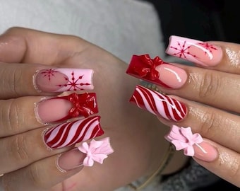 Peppermint Candy Cane Nails | Christmas Gift Bow Press On Nails | Pink Red Holiday Nails | 3D Bow Nail Set | Cute Xmas Acrylic Look Nails