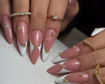 Long Almond Nude French Press On Nails | White Tips with Gold Rhinestone Details | Elegant Holiday Bridal Nail Set | Classy Winter Nails