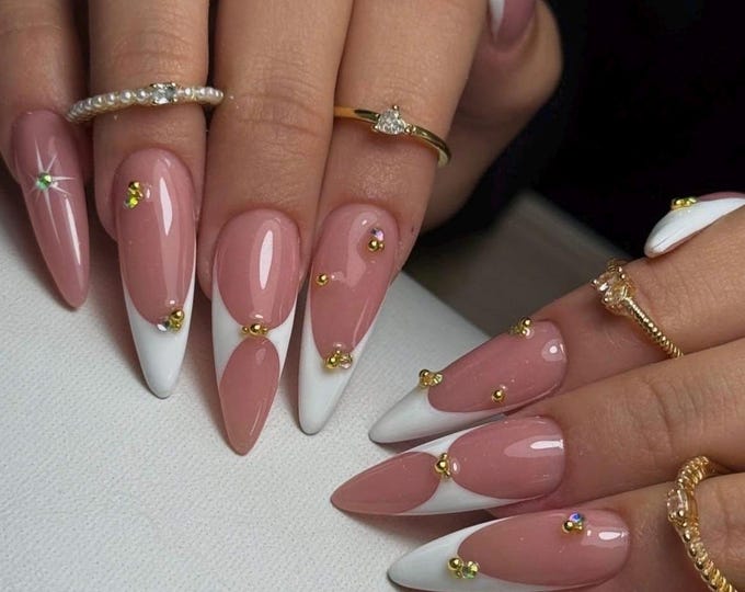 Almond Nude French Press On Nails | Rhinestone Bridal Nail Set