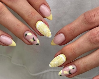 Lemon Yellow Press On Nails: 3D Flower, Summer Beach Style