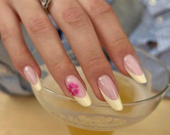 Press on Nails |  Almond Nails, French Tip Nails, Summer Flower Design Nail, Pink Nails, Butter Yellow Nails, Gift for Her, Vacation