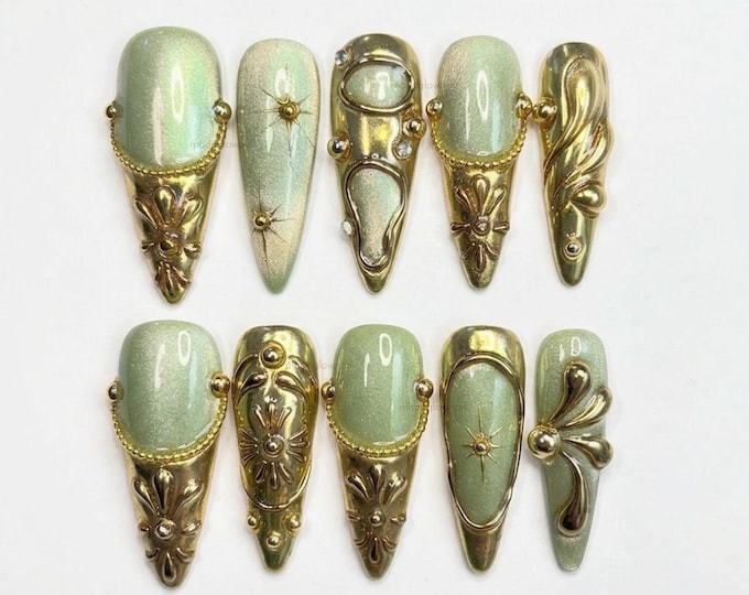 Sage Green Cat Eye Press On Nails Long Stiletto Nails, Handmade 3D Gold Baroque Cross Fake Nails, Luxury Royal Nails for Wedding Prom
