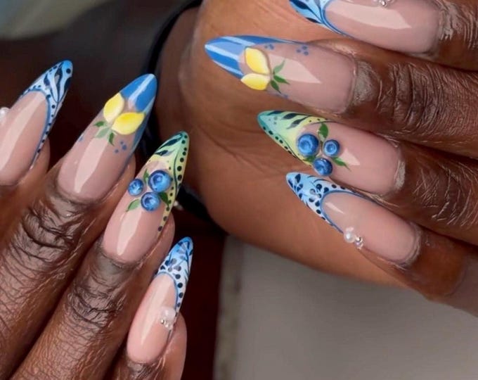 Blue French Tip Fruit Press On Nails, Long Almond Fake Nails, 3D Lemon Blueberry Acrylic Nails, Tropical Summer Handpainted Nails