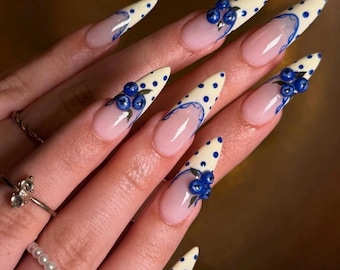 3D Blueberry French Tip Press On Nails | Polka Dot Summer Vacation Manicure