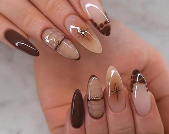 Brown Marble French Press On Nails: Chrome Detail, Medium Almond Shape