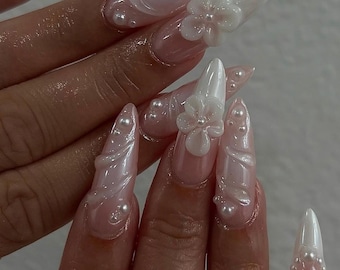 Pearl Press On Nails: Long Almond Handmade Nail Set, 3D Gel Flowers Nail Art