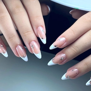 White Summer French Press On Nails with Rhinestone Detail, Medium Almond Shape, Elegant Holiday Look for Vacation Holiday and Special Events