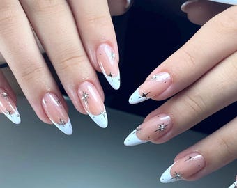 White French Tip Press On Nails: Rhinestone Star Detail, Almond Shape