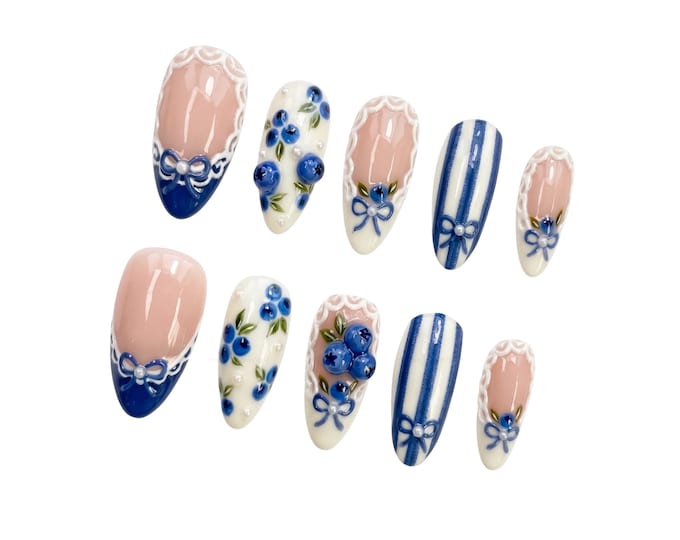 Blueberry Coquette Press-On Nails, 3D Bows, Lace, Stripes, Cottagecore Nail Art