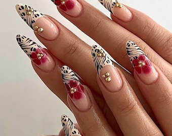 Leopard & Red Floral Press On Nails: Long Almond, Handmade