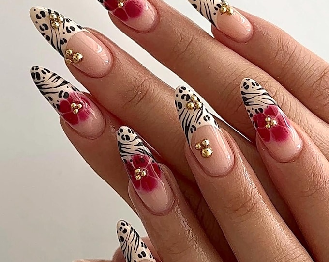 Leopard & Red Floral Press On Nails: Long Almond, Handmade