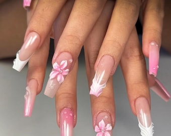 Pink 3D Flower Press On Nails | Elegant French Ombre Nails | Long Square Bridal Nail Set | Soft Romantic Handmade Press On Nails, Gift