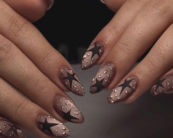 Matte Bronze Star Press On Nails Medium Almond Nails, Handmade 3D Metallic Droplet Fake Nails, Y2K Stargirl Nails for Party Birthday