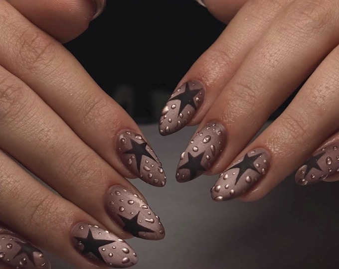Matte Bronze Star Press On Nails Medium Almond Nails, Handmade 3D Metallic Droplet Fake Nails, Y2K Stargirl Nails for Party Birthday