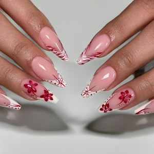 Press on Nails | Red Floral White French Long Almond Nails, Elegant Hand Painted False Nails, Spring Summer Nails, Reusable Nail Set