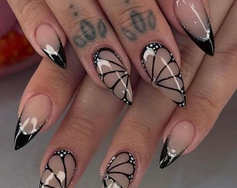 Butterfly Wing Press On Nails: Black French Medium Stiletto Rhinestone Nail Art, Handmade Press on Nails