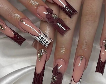 Burgundy Christmas Press On Nails | 3D Flower Winter Nails | Gold Gem Holiday Nails | Luxury Long Coffin Fake Nails | Plaid Festive Nail Set