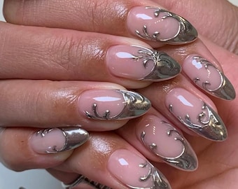 Almond Chrome Press On Nails: Y2K Ethnic Pattern, Silver Shine