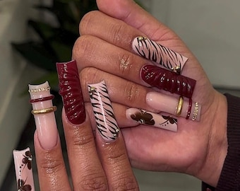 Luxury Burgundy Zebra Press On Nails | 3D Texture & Gold Accent Long Square Nail Set | Fall Fashion Nails | Elegant Handmade Nails
