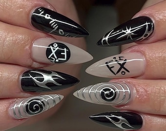 Black Silver Abstract 3D Press On Nails: Edgy Gothic Stiletto Nail Art