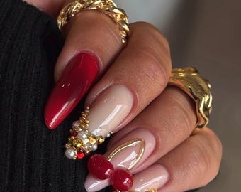 Luxury Red Cherry Press On Nails | Gold Detail Almond Nails | 3D Pearl Glam Set | Handmade Press ons