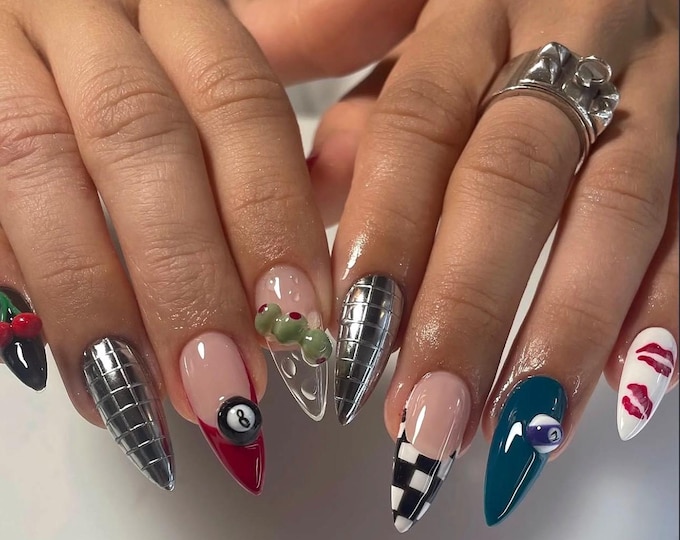 White and Black French Almond Nails with Silver & Martini Olive Art