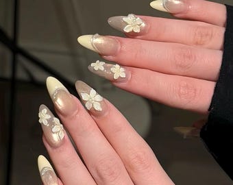 Milky Nude Bridal Lace Press On Nails, Long Almond Fake Nails, 3D Flower Pearl Acrylic Nails, Elegant Wedding Handpainted Nails, Birthday