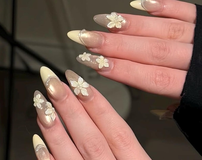 Milky Nude Bridal Lace Press On Nails, Long Almond Fake Nails, 3D Flower Pearl Acrylic Nails, Elegant Wedding Handpainted Nails, Birthday