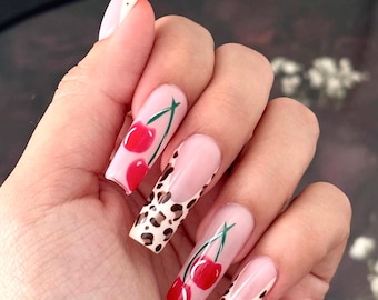 Cherry Leopard Press On Nails: Long Square Handmade Nail Art