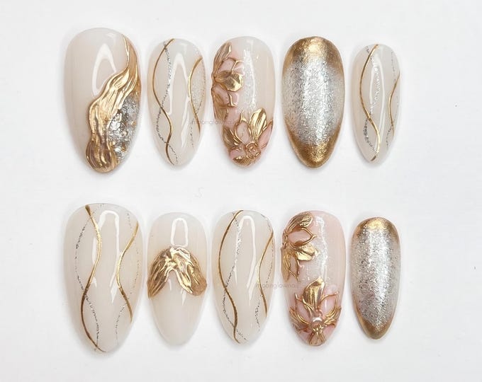 Ivory Gold Silver Press On Nails Almond Nails | Handmade 3D Floral Mixed Metal Nails | Luxury Bridal Wedding Nails | Gift for Her Nails