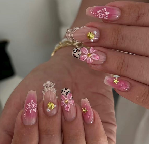 Pink Tropical 3D Flower Press on Nails: Leopard, Gold Shell